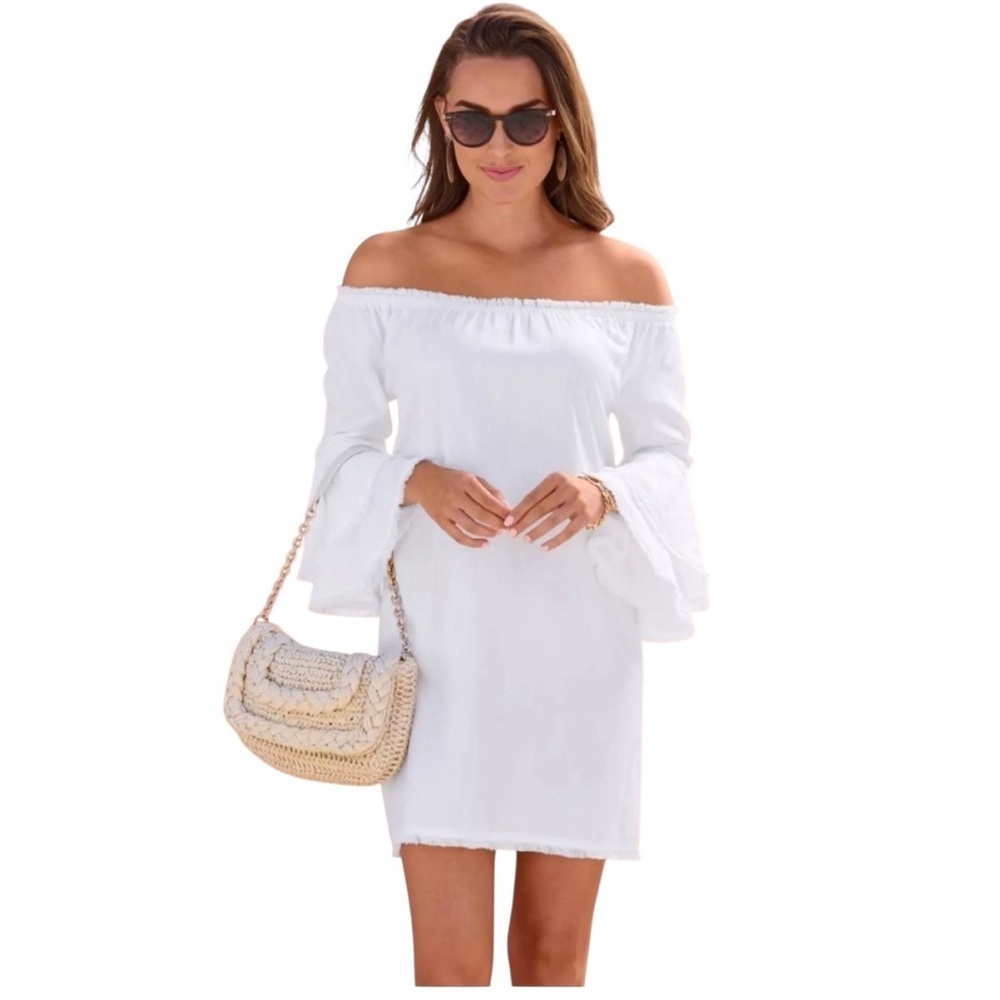 Boston Proper White Double Ruffled Sleeves-Off Shoulder Mini Dress
